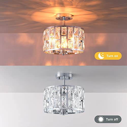 Mexo Farmhouse Crystal Round Semi Flush Mount Modern Close To Ceiling Light Fixture, Cylinder Drum Shade Ceiling Lights 3Lt Ceiling Lamp For Kitchen Island Dinning Room Bedroom #TOP3