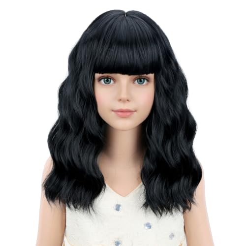 PATTNIUM Black Kids Child Wig Shoulder Length Black Wavy Wigs with Bangs for Gilrs Heat Resistant Synthetic Girls Wig Daily Wear Wigs