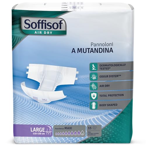 Soffisof Air Dry Pañales Adultos Maxi L - 15x Pañales Adultos Maxima Absorcion Hasta 9 Gotas - Protección Incontinencia Hombre y Mujer - Paquete Individual