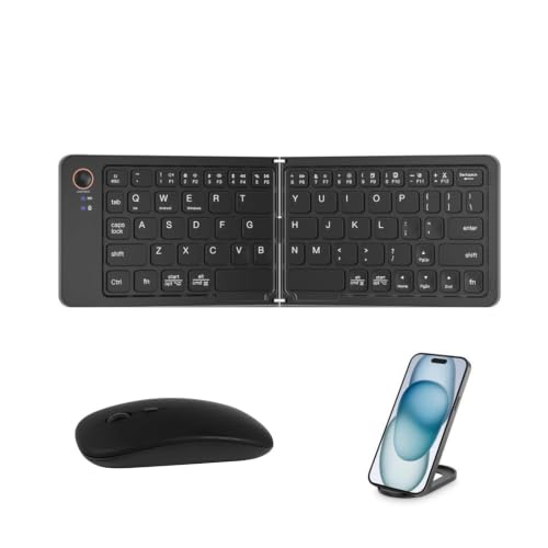 XOKUWU Teclado Plegable y Ratón Inalámbrico Bluetooth, Español Ñ, Recargables y Silenciosos, Compatible con iPad/Samsung/Honor/Xiaomi (iOS/Android/Windows)