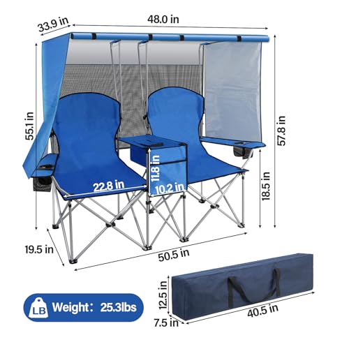 BDL Double Camping Chair with Canopy, Two Person Folding Loveseat with Shade, Heavy Duty Beach Chair with Cooler Bag, Cup Holder for Outside, Fishing, Sports, Beach-Sky Blue