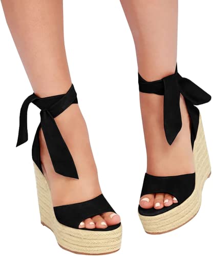 Image of SERAIH Womens Lace up Espadrilles Platform Wedges Sandals Heels Tie Ankle Strap Summer Dress Shoes