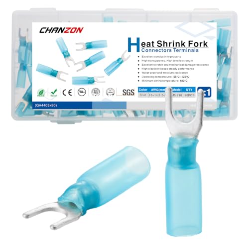 Chanzon 90pcs #10 M5 Heat Shrink Fork Spade U-Type Connector Blue 16-14AWG