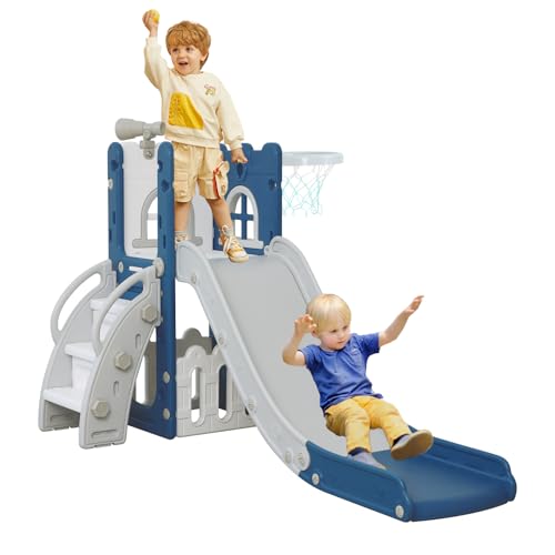 LulliSpace 6 in 1 Toddler Slide for Toddler Age 1-3,Kids Climber Slider for Indoor Outdoor Playground with Basketball Hoop,Storage and Telescope,L Shaped Slide for Toddler Climber Playset