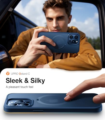 Image of TORRAS Magnetic Shockproof for iPhone 15 Pro Case with Built-in Stand [Compatible with MagSafe] [12FT Military Drop Protection] Sturdy Kickstand Slim Protective for 15 Pro Phone Case, Blue Titanium | [Fit for MagSafe][Flexible Stable Stand] 4X Military-Grade Shockproof, Slim Protective Phone Cover, Translucent Navy Blue