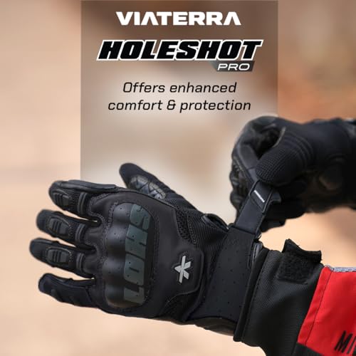 Image of ViaTerra Holeshot Pro - Semi Gauntlet Hybrid Riding Gloves |Goatskin Leather |Touchscreen, Knox SPS 303 Palm Protection with Handy Clip Motorcycle Gloves (Black, L)