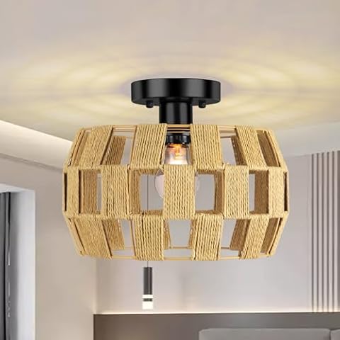 LEDIKON Boho Ceiling Light Fixture,Semi Flush Mount Rattan Ceiling Light Chandelier for Hallway,Bedroom,Kitchen,and Living Room (Brown) Cover