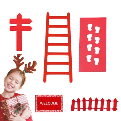 Kit de fées de Noël, décoration de jardin de fées de Noël - Décoration d'étagère avec empreinte de gnome de Noël | Petit tapis de bienvenue, clôture, escalier, conte de fées, jouet éducatif