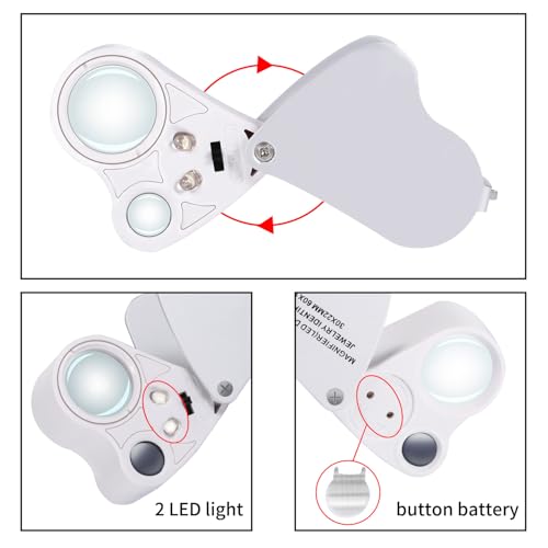 Image of Jiusion Portable Lighted LED Illuminated Jewelry Magnifier 30X 60X Wearable Handheld Dual Lens Eye Loupe Magnifying Glasses Micro Microscope with Keychain and Lanyard