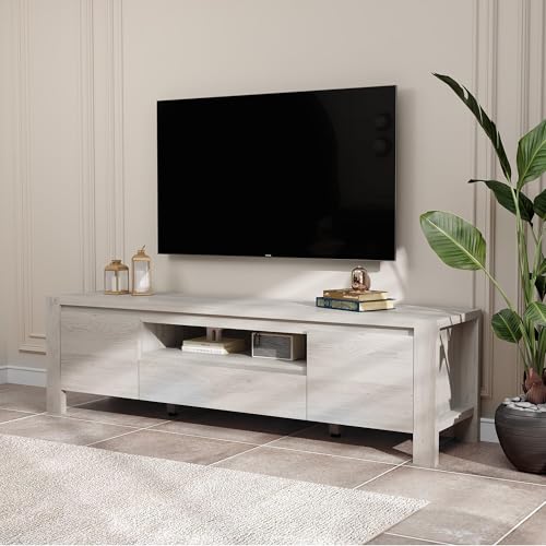 Image of TV Stand with Cabinet Doors, Entertainment Center with Adjustable Shelves, Media Console with Cable Management for Living Room or Bedroom，Grey