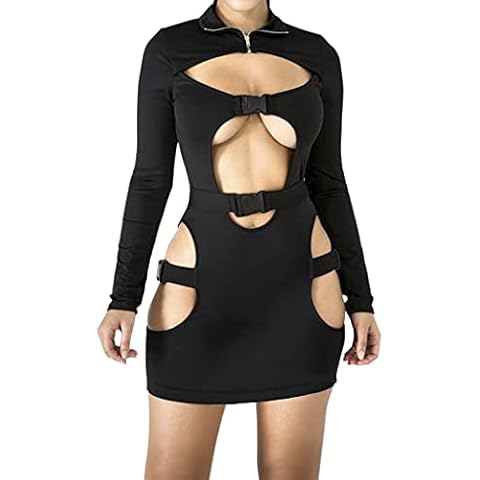 kimmymax Women Sexy High Neck Bag Buckle Long Sleeve Hollow Out Bodycon Club Mini Dress, Black, Large Cover