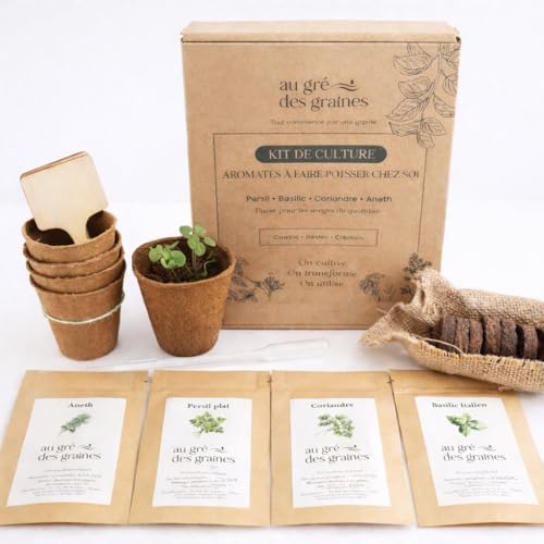 Kit Herbes Aromatiques à Cultiver Intérieur – Basilic, Persil, Coriandre, Aneth – Kit Complet avec Pots, Terre et Graines – Facile pour Débutant –...