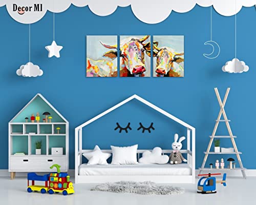 Decor Mi Cow Wall Art Colorful Cute Cow Print Painting On Canvas Wall Artwork Animal Wall Art Stretched And Framed Cow Pictures Wall Decor For Living Room Children Bedroom Kitchen 12''X16'' 3 Piece #TOP2