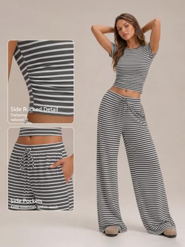 Image of Trendy Queen 2 Piece Matching Summer Lounge Set Womens Side Ruching Top Wide Leg Pants Sets with Pockets