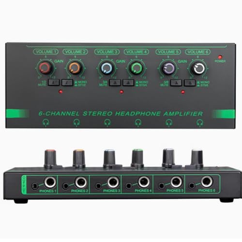 Annadue Amplificador de Auriculares Estéreo Ultracompacto de 6 Canales, Amplificador de Audio Portátil para Micrófono con Salida de 3,5 Mm y 6,35 Mm, para Estudio y Escenario