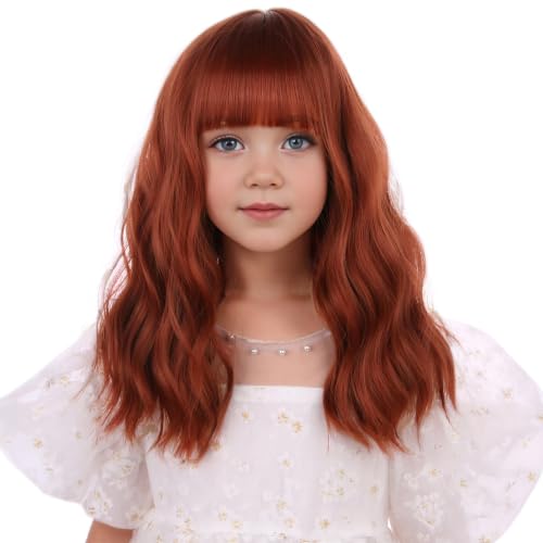 Image of Orange Wig Short Dark Orange Wavy Curly Wigs Orange Wig with Air Bangs Synthetic Cosplay Hair Wig
