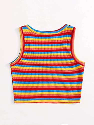 Romwe Women's Rainbow Striped Sleeveless Round Neck Ribbed Tank Crop Top Vest Multicolor S #TOP1