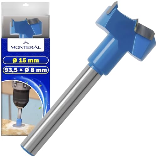 Forstnerbohrer Ø 15 mm mit Schaft 93,5 x Ø 8 mm - Holzbohrer aus Hochfestem Stahl 88 HRC mit Hartmetallschneiden - MONTERAL
