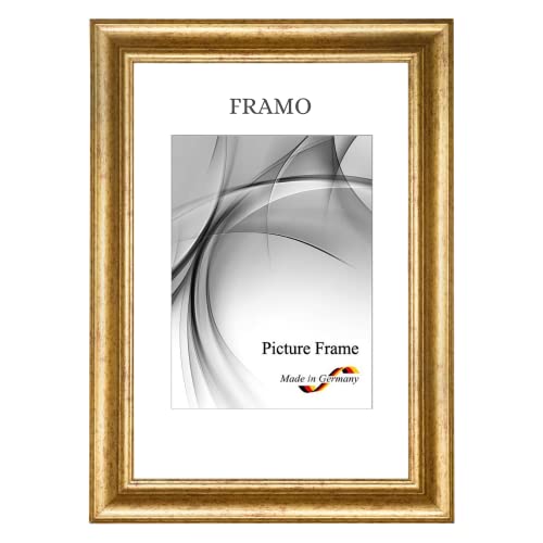 FRAMO N°50 - Marco para fotos barroco, 30 x 42 cm, en madera maciza | oro envejecido, estilo vintage, con vidrio sintético irrompible y ganchos de metal