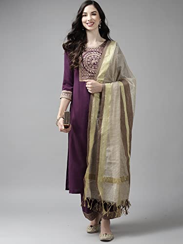 Image of INDO ERA Women's Cotton Blend Yoke Design Straight Kurta with Pant & Dupatta Set
