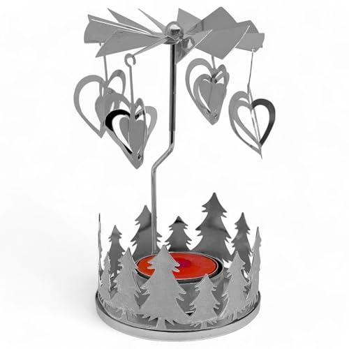 Bougeoir rotatif pour bougie chauffe-plat - Carrousel de Noël - En métal - Mini pyramide - 13,5 cm - Argent - Couronne de sapin et cœur