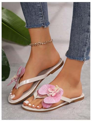 OYOANGLE Women's Floral Flat Flip Flops Pu Leather Slip On Causal Elegant Slide Sandals3