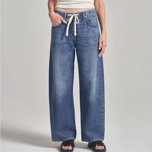 Jean Sweatpants Women Elastic Waist Drawstring Baggy Denim Pant High Waisted Baggy Straight Wide Leg Denim Pants2