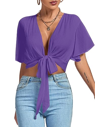 Image of LYANER Women's Sexy Deep V Neck Tie Front Wrap Cropped Blouse Bell Short Sleeve Ruffle Crop Tops