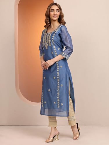 Image of Libas Embroidered Chanderi Silk Straight Kurta | Ethnic wear | Bridal Suit | Wedding Dress | Occasion wear