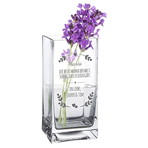 Casa Vivente Blumenvase mit Gravur Beste Mama der Welt Personalisiert mit Namen Glasvase für Schnittblumen Deko-Vase als Muttertagsgeschenk