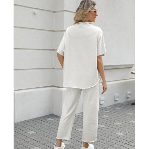Ainangua Women Casual Two Piece Outfits 3/4 Batwing Sleeve Capelet CrewNeck Pullover Top Wide Leg Pants Lounge Sets Sweatsuit2