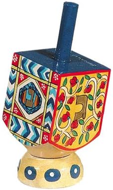 Wooden Dreidel with Wood Stand Hand Painted by Yair Emanuel