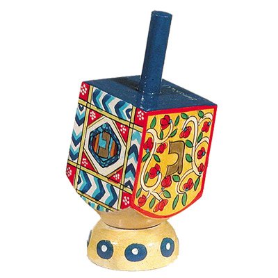 Wooden Dreidel with Wood Stand Hand Painted by Yair Emanuel
