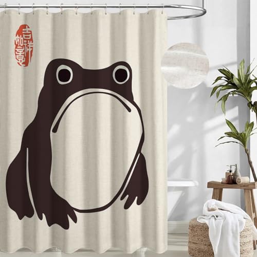 De-Mediocre Duschvorhang aus Leinen, Motiv: Frosch, niedlich, für Badezimmer, Badewanne, strapazierfähig, 230 g/m², strukturierter Stoff, Leinen, Duschvorhang-Set, lustiges Tier-Design, modernes