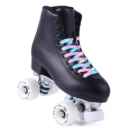 NVGSHO Adult Roller Skats, Professional Double Row Four Wheels Speed Skating Shoes, Aluminum Alloy Base Frame, High Top Pu Leather Ankle Protection Design, with Bags, Unisex,Purple1,Men's US7.5