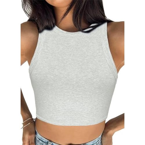 iGENJUN Women Tank Tops Ribbed High Neck Sexy Sleeveless Cute Crop Top Racerback Summer Tops Trendy Shirt Small Heather Grey