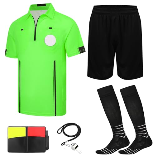 VKT Soccer Referee Kit Soccer Referee Shirt Jersey Shorts Ref Socks Whistle Red Yellow Card for Men & Women Halloween Costume