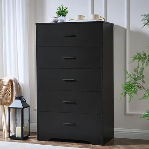 Black Dresser for Bedroom Wooden, 5 Drawer Dressers & Chests of Drawers, Modern Wood Tall Dresser, 47 Inches Tall Chest of Drawers for Bedroom, Hallway, Living Room Cover