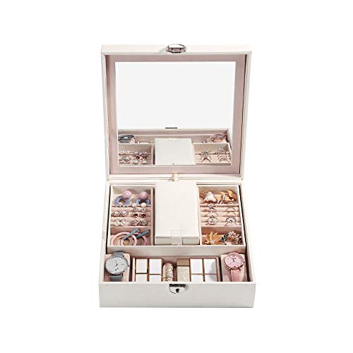 Preisvergleich Produktbild Hojkl Aufbewahrungsbox für Kosmetika Große Kapazitäts-Schmucksache kosmetische Aufbewahrungsbehälter-Leder Schmuckschatulle mit Schloss Buckle beweglichem Spiegel (Color : White, Size : One Size)