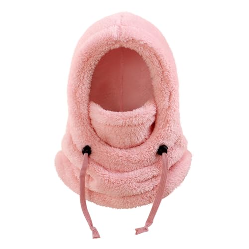 Generic - 3 in 1 Beanie Hat with Scarf and Mask Unisex Kid Winter Warm Fleece Balaclava Thermal Sherpa Hood Ski Mask Face Mask Toddler Cold Weather Warmer Thickened Plush Fuzzy Cozy Wind-Resistant Hat Pink