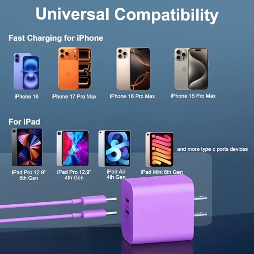 Image of iPhone 17 16 15 Pro Max Charger Fast Charging, 20W USB C Charger Block with 6FT USB C to C Charging Cable Cord for iPhone 17 16 15 Pro Max /17 16 15 Pro /17 16 15 /16 15 Plus-Purple