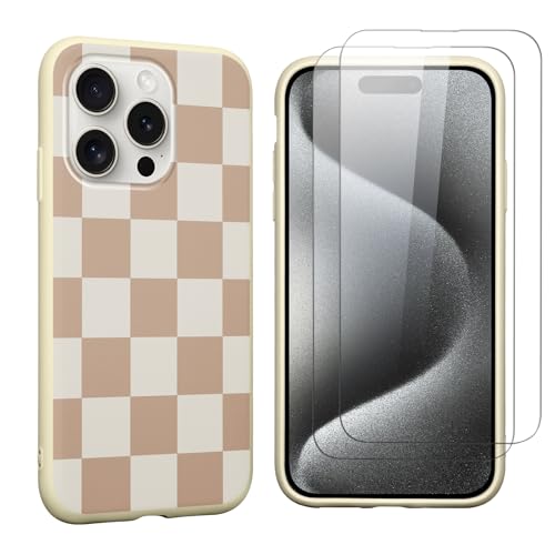 lioscre Checkered Phone Case for iPhone 15 Pro 6.1" Case with 2 Pack Tempered Screen Protector, Cute Checkerboard Pattern Design Shockproof TPU Soft Matte Funda Cover for Women Girls, Off White