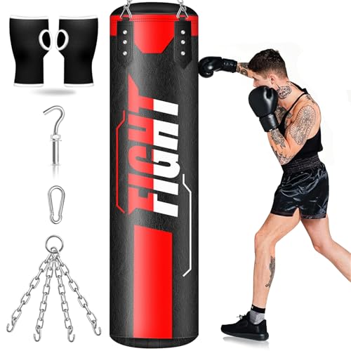 YORWHIN Saco de boxeo colgante para adultos, saco de boxeo pesado de 4 pies de poliuretano con cadena de gancho de techo, saco de boxeo colgante para el entrenamiento Muay Thai Karate, kickboxing,