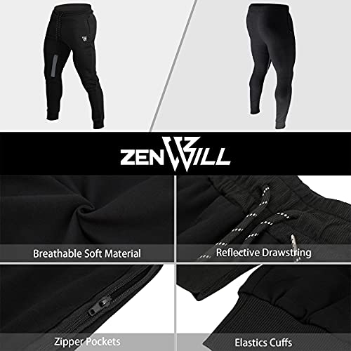 Zenwill Mens Tapered Workout Running Pants, Jogger Training Sweatpants Slim Fit With Zip Pockets (X-Large, Black) #TOP5