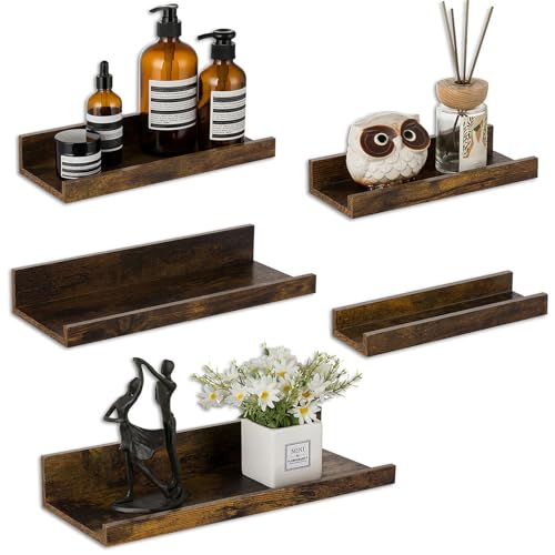 Walasis Wandregal Vintage Regale für wände: 5er Set Klein Schweberagel Regal Wand Holz Bilderleiste Eckregal Regalbrett für Wohnzimmer Schlafzimmer Badezimmer Küche Braun
