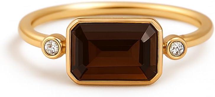 Smoky Quartz Engagement Ring for Women – 14K Solid Gold Emerald-Cut Smoky Quartz with Side Accent Diamond Stones – Minimalist Stackable Fine Christmas Jewelry Gift