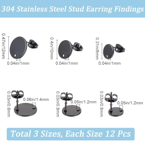 SOFPLATE 1 Box 36Pcs 3 Size Black Earring Posts Stainless Steel Stud Earring Findings Hypoallergenic Blank Earring Stud with Butterfly Ear Back and Loop Round Earring Posts for jewellery Making Suppli - Image 2