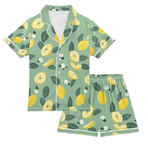 senya Lime Lemon Satin Summer Pajama Sets Silk Short Sleeve Button Down Sleepwear