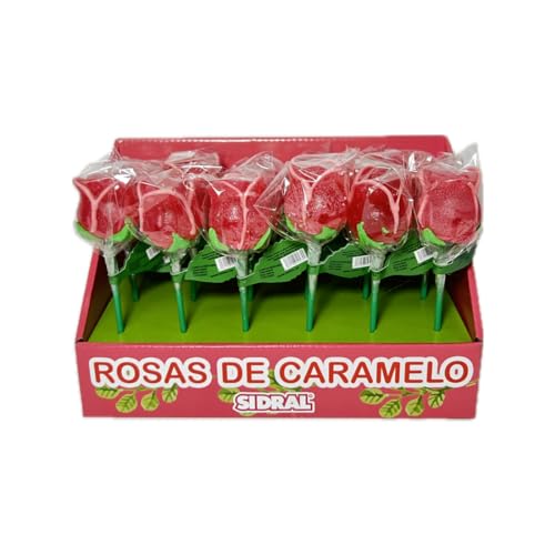 SIDRAL -18 Piruletas de Rosas de Caramelo Sabor Fresa (45 g) – Piruletas, Chuches San Valentín, Kit de Chuches Sin Gluten, Regalos Parejas - Celebraciones (Rosas Caramelo)