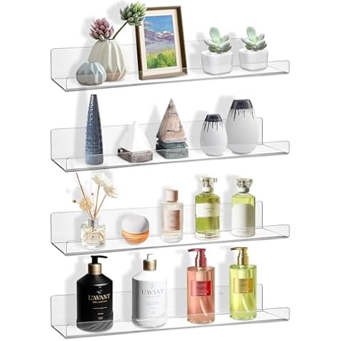 AMEITECH 4 Pack Floating Shelves for Wall, 15" Acrylic Shelves for Room Decor, Book Shelf for Kids, Clear Hanging Display Shelf Organizer for Kitchen, Bedroom, Bathroon Organizers and Storage Cover